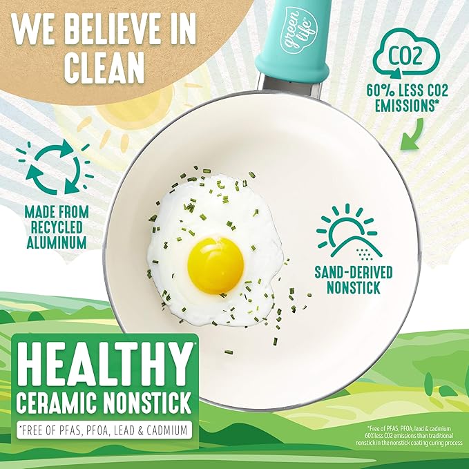 GreenLife Soft Grip Healthy Ceramic Nonstick 12 Piece Cookware Pots and Pans Set, PFAS-Free, Dishwasher Safe, Turquoise