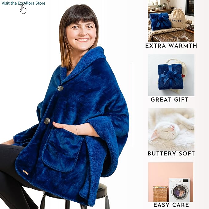 EzrAllora Premium Double Layer Poncho Blanket for Women -Drape and Go No Sleeves- Sherpa Fleece Shawl with Pockets - Wearable Blanket - Gifts for Mom and Grandma (Blue)