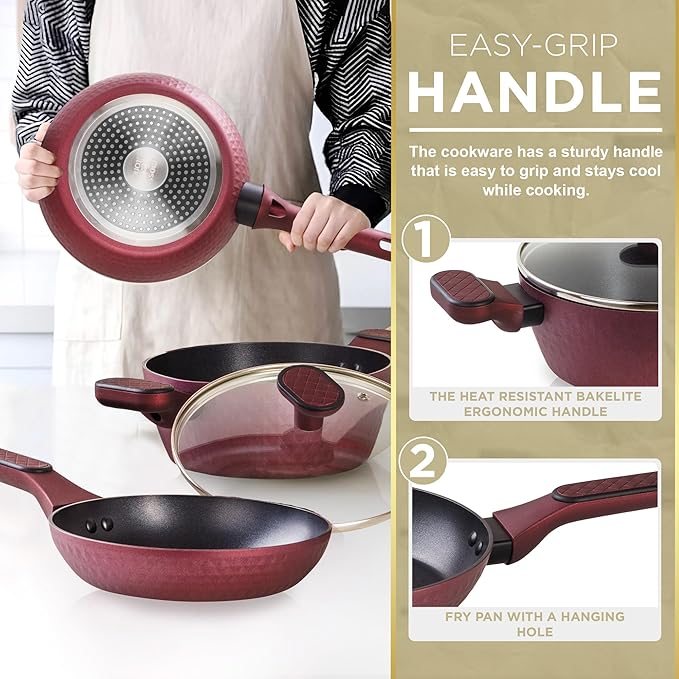 Moss & Stone 4 Piece Nonstick Cookware Set, Small Pots And Pans Set Non stick With Glass Lid, Induction Cookware, Stay Cool Handle, PTFE/PFOA, Kitchen Cookware 4-Piece with Frying Pans Set & Saucepan