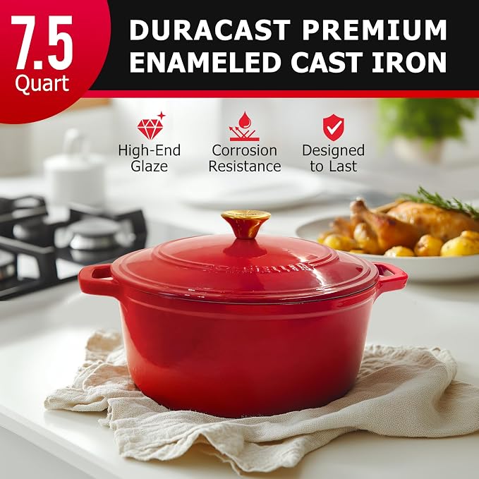 MUELLER HOME 7.5 QT Enameled Cast Iron Dutch Oven, Heavy-Duty Casserole Dish and Braiser Pan with Lid and Stainless Knob, Oven-Safe up to 500° F & Across All Cooktops, Red | Heavy-Duty Casserole Dish and Braiser Pan, Lid with Stainless Knob, Oven-Safe ...