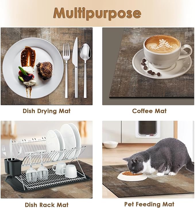 Arttown Coffee Mat for Countertops, Brown Abstract Modern Dish Drying Mat 2 Pcs for Kitchen Bar Accessories, Coffee Maker Espresso Machine Dish Rack Hide Stain Rubber Backed 12x19In