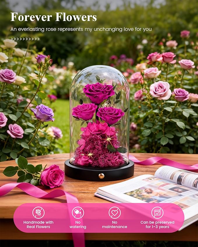 Agrul Mothers Day Flowers Roses Gifts for Mom,Forever Preserved Flower Rose in Glass Dome Fresh Flowers for Delivery Mothers Day Roses Gifts for Wife Women Mom Grandma from Daughter/Rose