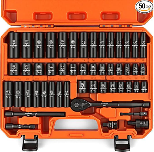 HORUSDY 50-Piece 3/8" Drive Impact Socket Set, Standard SAE (5/16 to 3/4 inch) and Metric (8-22mm) Size, 6 Point, Cr-V, 3/8-Inch Drive Ratchet Wrench, Drive Extension Bar, Impact Universal Joint