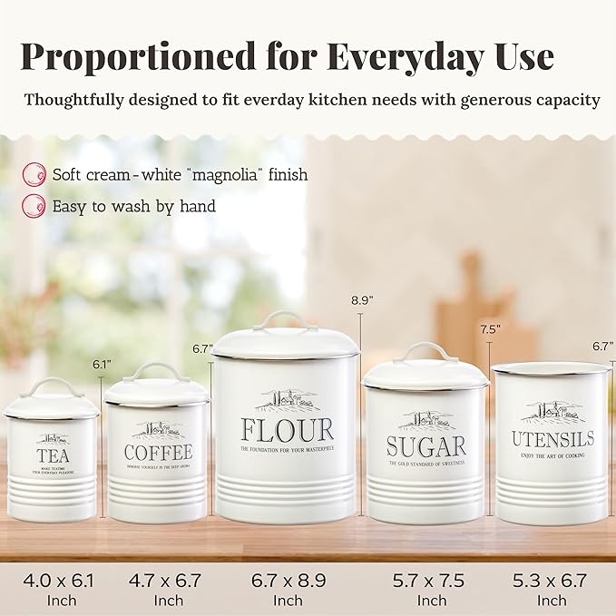 noonberry Kitchen Canisters for Countertop – 5-Piece Airtight Flour Sugar Coffee Tea Kitchen Canister Set with Utensil Holder – Sugar and Flour Containers for Kitchen Counter, Cream-White Finish