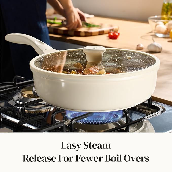 Redchef Ceramic Frying Pan with Glass Lid, Nonstick Deep Saute Pan for All Stovetops, Healthy Cooking Pan, Ergonomic Handle, Fast Even Heating, Splatter Prevention, Oven Safe