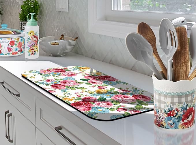 Coffee Bar Mat Accessories for Countertop Pioneer Flower Absorbent Hide Stain Rubber Backed Dish Drying Mats for Kitchen Counter Draining Pad Decor Gift Fit Under Coffee Maker (20x12in)