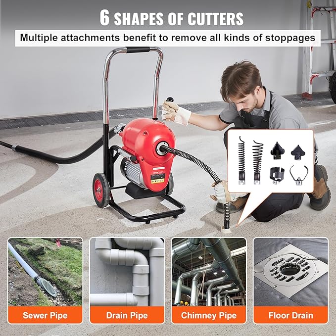 VEVOR Drain Cleaner Machine 120FT x 6/5 Inch, 1100W Electric Sewer Snake Auger Manual Feed - with 6 Cutters and CW/CCW Control for 4" to 8" Pipes
