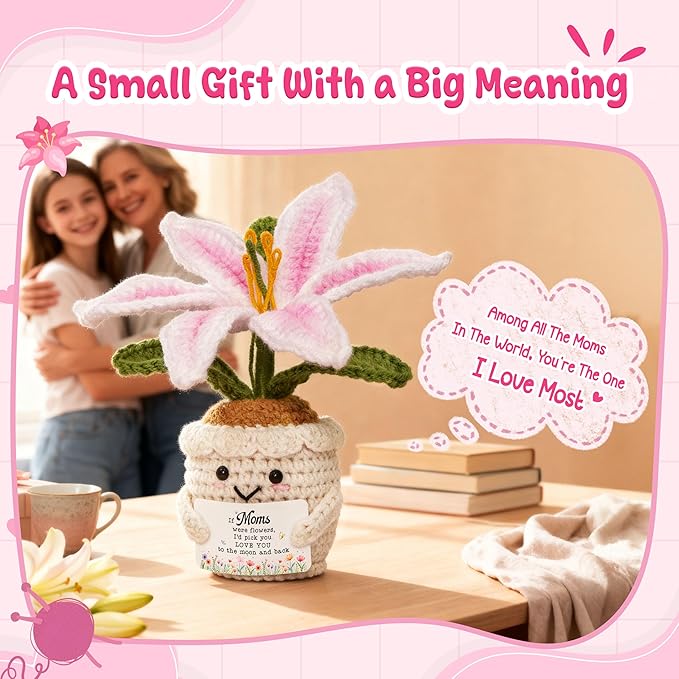 OASSIE Gifts for Mom - Emotional Support Crochet Lily Flower - Proud of You Motivational Positive Mothers Day Birthday Gifts for Mom from Daughter Son, Mother Gift, Mama Gift
