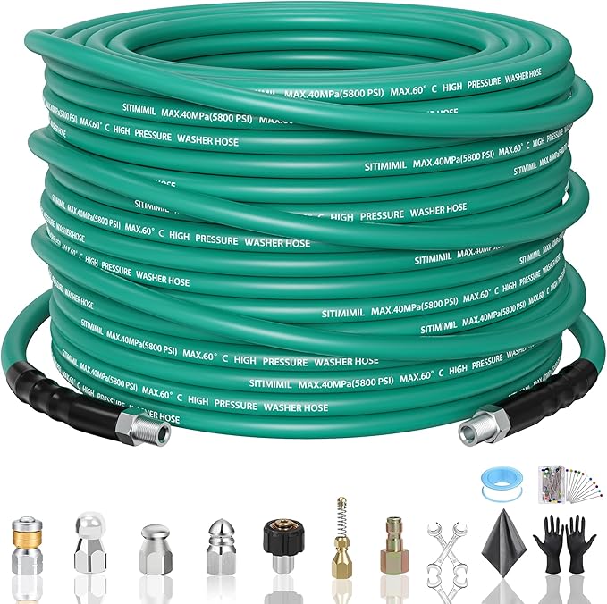 50FT Sewer Jetter Kit for Pressure Washer,1/4‘’NPT Drain Cleaner Hose 5800PSI, with Adapter Corner Rotating Button Nose Sewer Jetting Nozzles Kit Pearl Corsage Pin Spanner Waterproof Tape