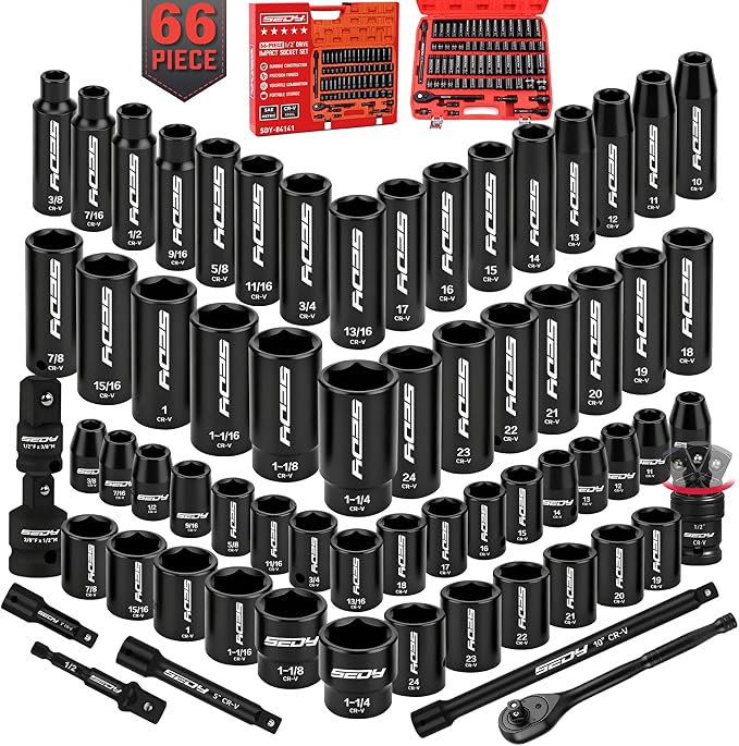66-Piece 1/2" Drive Impact Socket Set, SAE 3/8" to 1-1/4" and Metric 10-24mm, Deep & Standard 6-Point Cr-V Sockets with Ratchet, Extension Bars, Adapters, Universal Joint, Drill Adapter, Storage Case