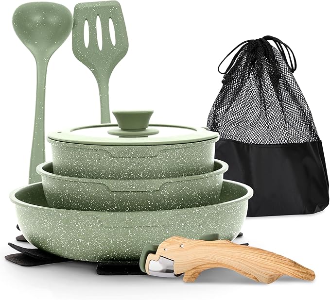 MAISON ARTS Detachable Handle Induction Pots and Pans Set, 10 Piece Non Stick Kitchen Cookware Sets, Stackable Green Granite RV Cooking Set for Camper