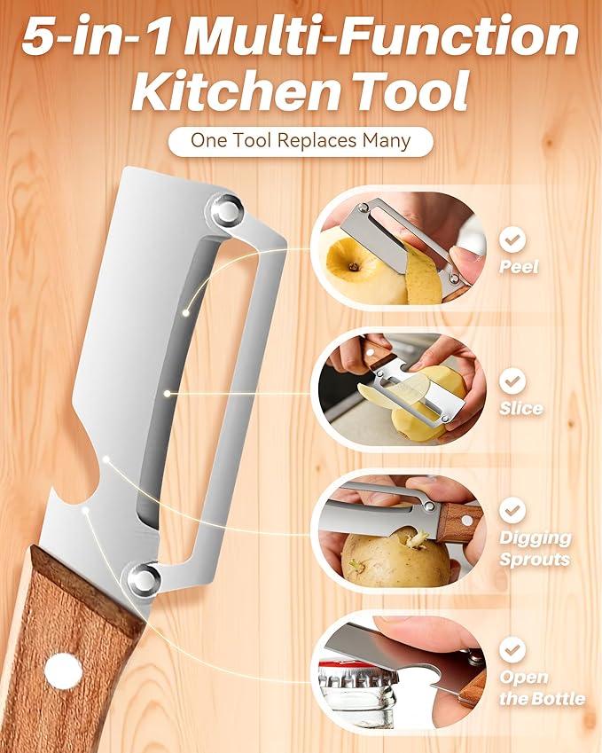Wooden Kitchen Tool, Multifunctional Vegetable Peeler 2-in-1 with Bottle Opener, Ultra-Sharp Curved Blade, Multi Functional Vegetable Peeler Non-slip Handle for Vegetables or Fruits (3)