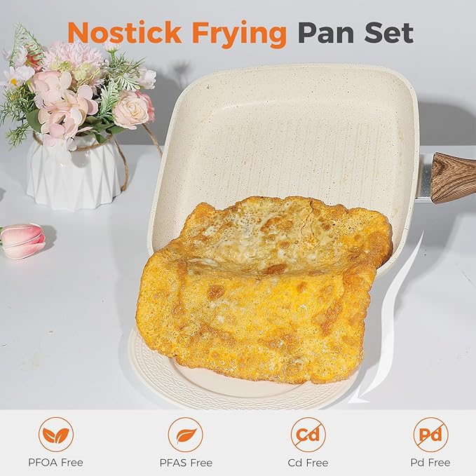 DUMOS 3 Pcs Grill Pans Set, Nonstick Square Frying Pan Skillet Set with Stay Cool Handle & PFOA Free, Compatible with All Stovetops (9.5" 10" 11") Beige