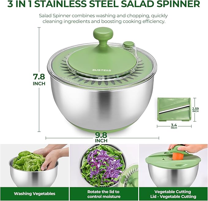 SUSTEAS Stainless Steel Salad Spinner Large, Vegetables Wash Bowl, Fruits & Herb Lettuce Dryer with 5 Blade Slicer Egg Yolk Strainer Shredder for Efficient Salad Preparation and Food Washing, 4.25Qt