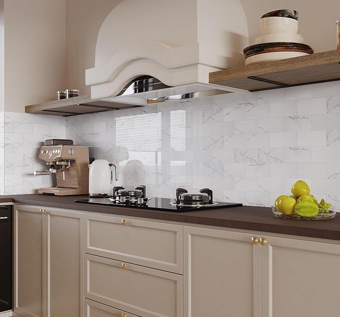 Colamo Luxury 10-Sheet Peel and Stick Backsplash,Self Adhesive Faux Stone 12”x12” White Subway Tile for Kitchen,Glossy Waterproof Carrara Brick Marble Look,Stick on Accent Wall for Bathroom,Bedroom