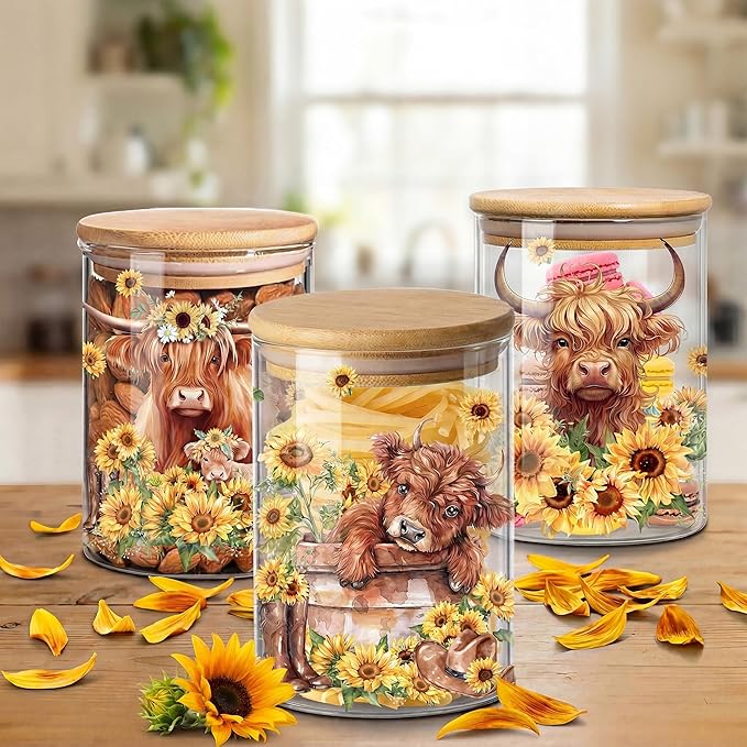 Highland Cow Clear Glass Storage Jar, Airtight Food Canister for Kitchen Countertop, Coffee Tea Sugar Cookie Spice Home Kitchen Organizers, Highland Cow Sunflower Kitchen Decor 3Pack