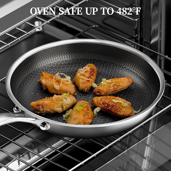 11" Stainless Steel Frying Pan with Lid, Honeycomb Nonstick Frying Pan | Omelet Chef's Pan with Stay Cool Handle, Induction & Oven Safe, Compatible with All Cooktops, PFOA Free