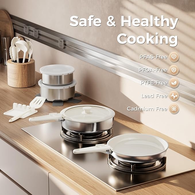 Sanho 21-Piece Pots and Pans Set, Healthy Ceramic Nonstick Cookware with Detachable Handles, Non-Toxic 4-Layer Stainless Steel & Aluminum Core, Induction RV Kitchen Set, Dishwasher & Oven Safe