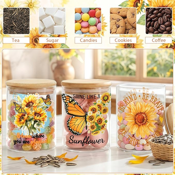 3 Pcs Sunflower Glass Storage Jars with Airtight Lids Sunflower Inspirational Candy Cookie Jars Gift Summer Floral Motivational Kitchen Decor Canister Yellow Floral Kitchen Containers Set