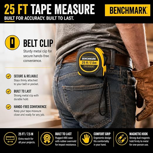 6 Pack - Tape Measures 25 ft / 7.5m – Dual Sided Blade with Easy Read Fractions to 1/8th inch Plus Centimeters on Back Side - Magnetic Tip - Thumb Lock - Belt Clip – Retractable Measuring Tape