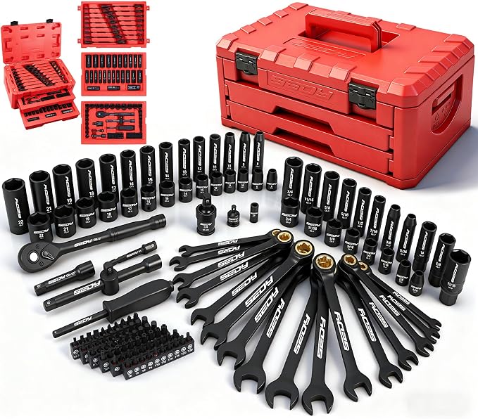 Premium 132-Piece Mechanics Tool Set, SAE/Metric 1/4" & 3/8" Drive Socket Set, Ratcheting Wrenches, Extensions & Adapters, Quick-Release Ratchet, Professional Auto Repair Tool Kit with Storage Case