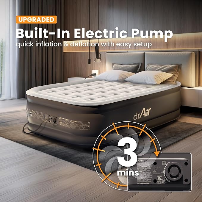 Dr. air Full Air Mattress with Built-in Pump, 18" Raised Blow Up Mattress, 600 lbs Max Honeycomb Air Bed, 48Hr Leak-Proof Test, 3min Inflatable Mattress for Home, Guests, Camping, Colchones inflables