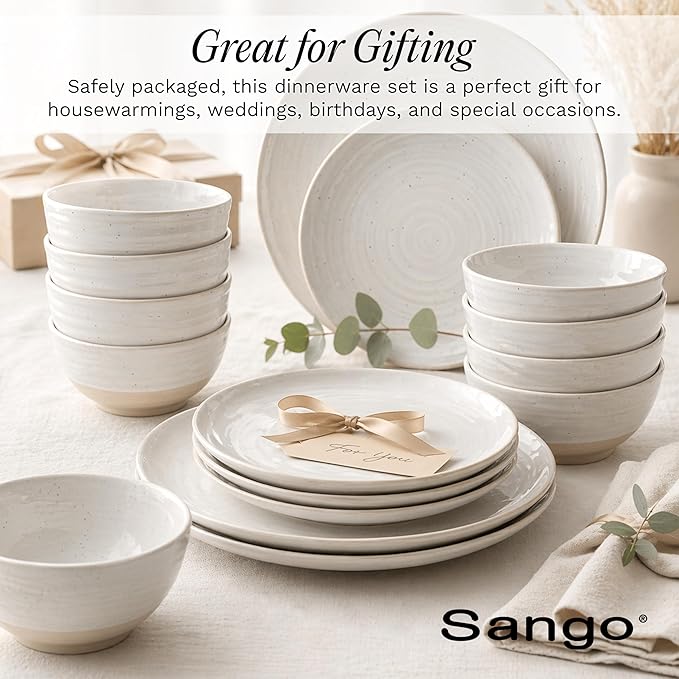 Sango Siterra 16-Piece Rustic White Stoneware Dinnerware Set – Service for 4, White with Glossy Speckle Overlay, for Everyday Dining & Entertainment, Microwave & Dishwasher Safe