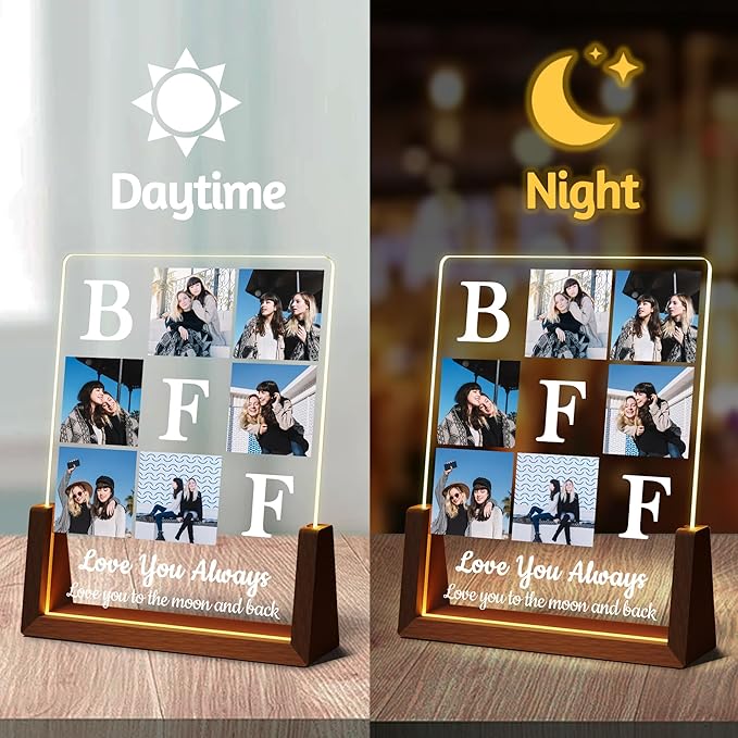 Custom Best Friend Christmas Birthday Gifts Picture Frame, Friendship Gifts For Women Friends Sister, Acrylic Plaque Photo Collage Frame With Night Light, Personalized BFF Besties Long Distance Gift