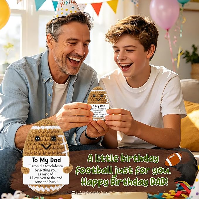 Funny Fathers Day Birthday Gifts from Daughter Son Wife, Father's Day Positive Handmade Crochet Gift for Dad, Cute Small Gifts for Dads, I Love You Papa Gift Idea, Unique Football Doll for Step-Dads