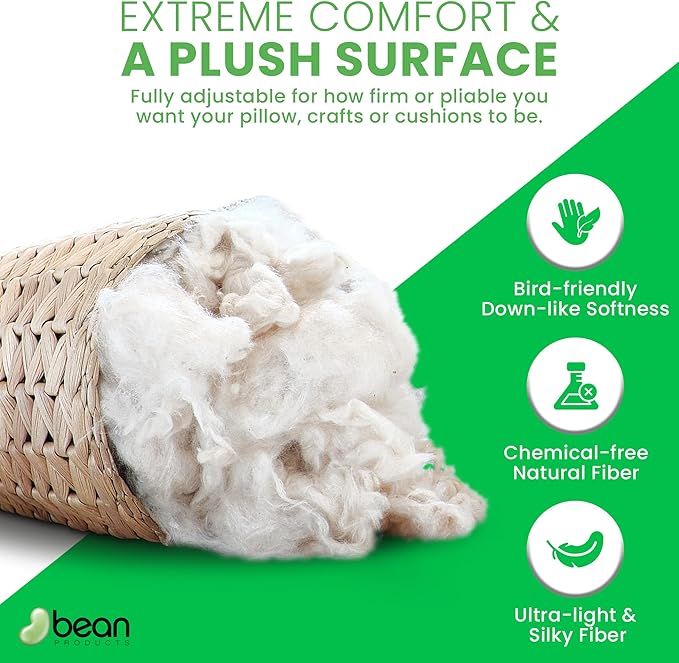 Bean Products Premium Kapok Fill | 1 lbs | 100% Organic Kapok Fiber | Chemical Free and Hypoallergenic | Perfect for Pillows, Pet Beds, Couches & More | Made in USA