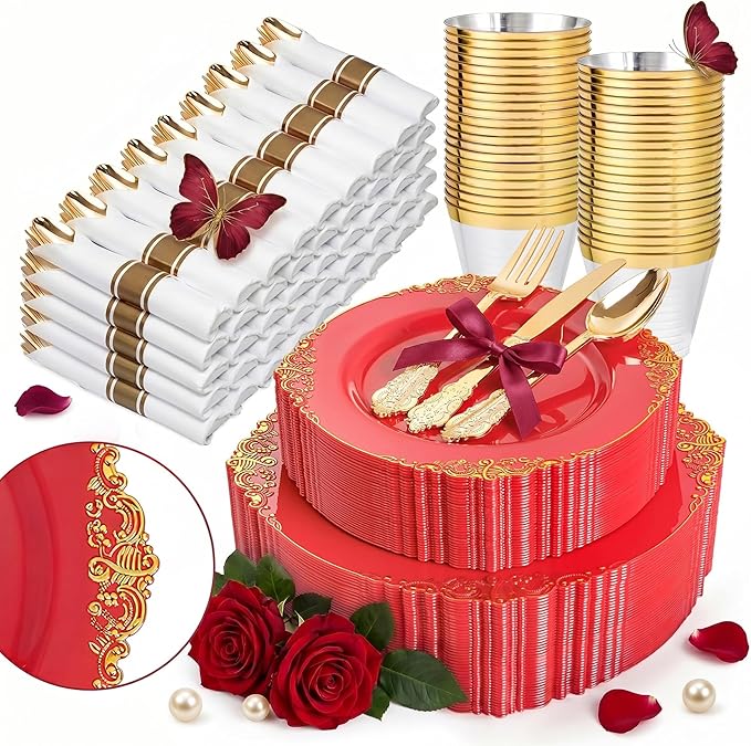 Nervure 350PCS Red Plastic Plates - Red Gold Plastic Dinnerware Sets for 50 Guests - 100 Gold Disposable Plates, 50 Pre Rolled Silverware Sets, 50 Cups Perfect for Wedding & Party & Mothers Day