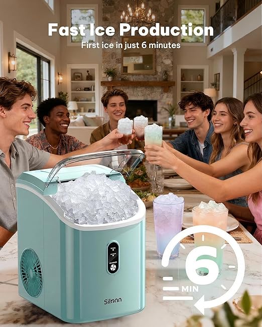Silonn Nugget Ice Maker Countertop, Chewable Pellet Ice Machine with Self-Cleaning, Portable Pebble Ice Maker with Ice Scoop for Home, Kitchen & Office, Green