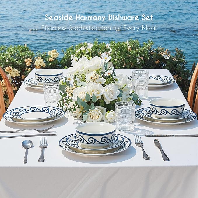 12-Piece Dinnerware Set for 4, Stoneware Kitchen Plates & Bowls Set, Coastal Dinnerware Sets, Microwave & Dishwasher Safe Scratch Resistant, Vintage Dishware Set for Everyday Use & Family Meals