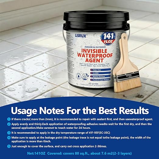 Transparent Waterproof Sealant, 141 Oz Invisible Waterproof Agent, Transparent Waterproof Coating for Roof Repair, Walls, Window, Bathroom, Kitchen, Water-Based Clear Sealant, Indoor & Outdoor