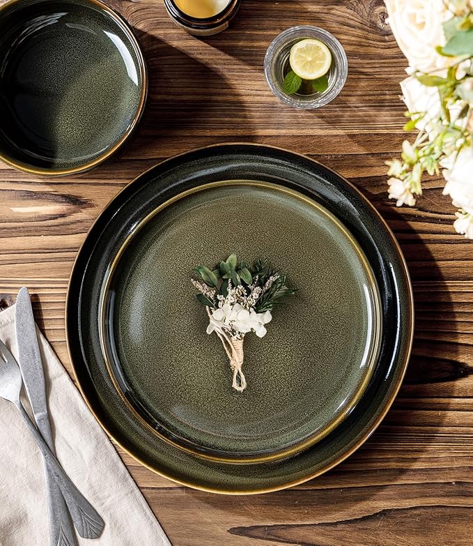 TheTerra Ceramic Dinnerware Sets for 4, 12 Pieces Handmade Reactive Glaze Plates and Bowls Set, Scratch Resistant Dish Set, Oven & Microwave & Dishwasher Safe, Olive Green