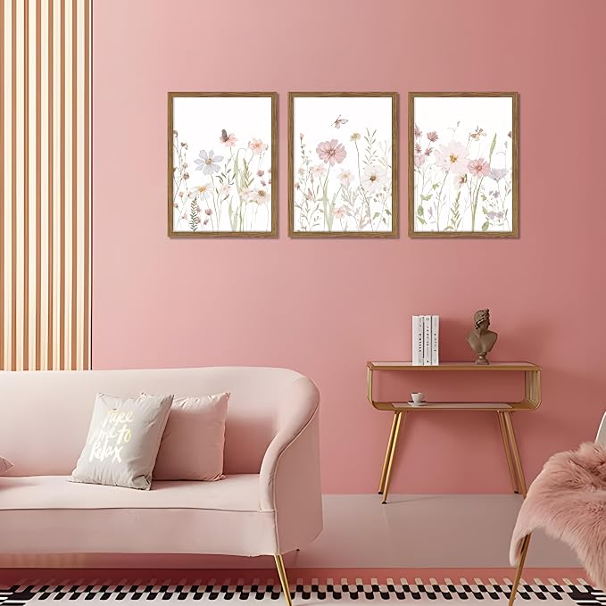 Framed Wildflower Wall Art Set of 3, Pink Floral Canvas Wall Decor Pictures, Vintage Flower Botanical Paintings, Nursery Flowers Butterfly Posters Prints for Bedroom Living Room 12x16 Inch
