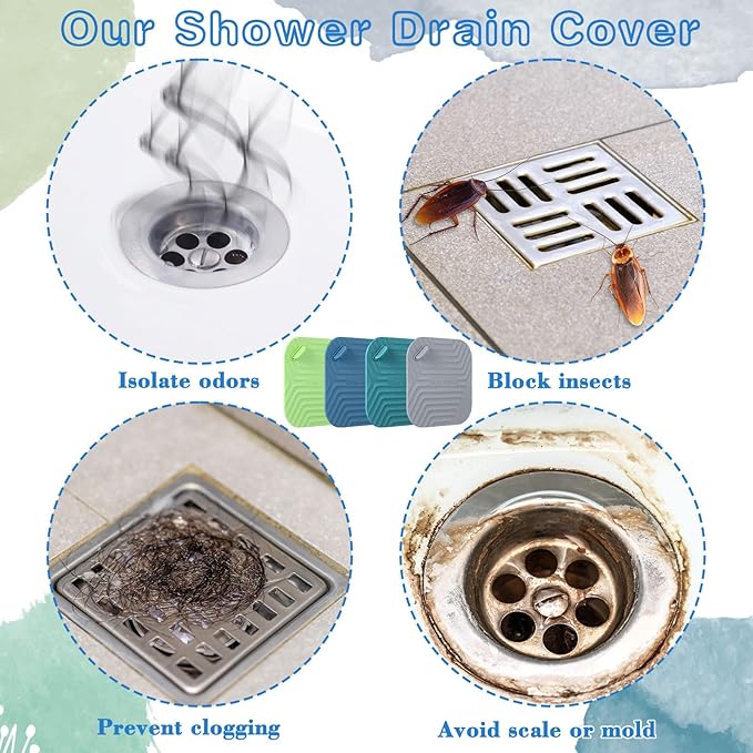 Yinkin 4 Pcs Shower Drain Cover Silicone Tub Stopper Floor Drain Cover Keep Bugs Out Sewer Anti-Odor Mat Deodorizing Plugs for Kitchen, Bathroom and Laundry(Gray, Green, Blue, Dark Green)
