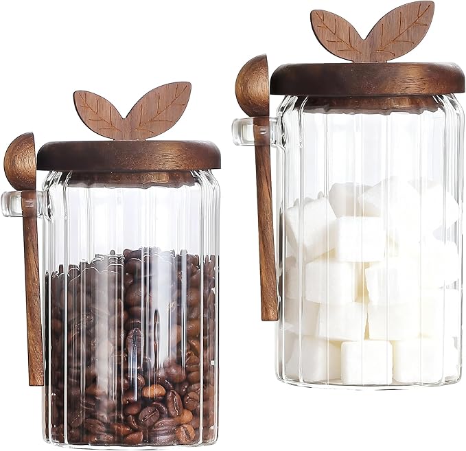 holoith 2 Pack Sugar Bowl Sugar Container 27oz Glass Jars with Bamboo Lid and Spoon, Airtight Food Storage Jar for Coffee Bar, Kitchen Canisters for Coffee Beans, Spice, Brown Sugars, Nuts, Candy