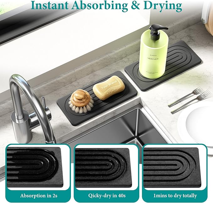 Water Absorbing Stone Tray, Quick Drying Diatomite Bathroom Tray Countertop, Stone Drying Mat for Kitchen Counter, Soap Dish Dispenser Vanity Organizer, Dark Grey-A-8.3" x 4"