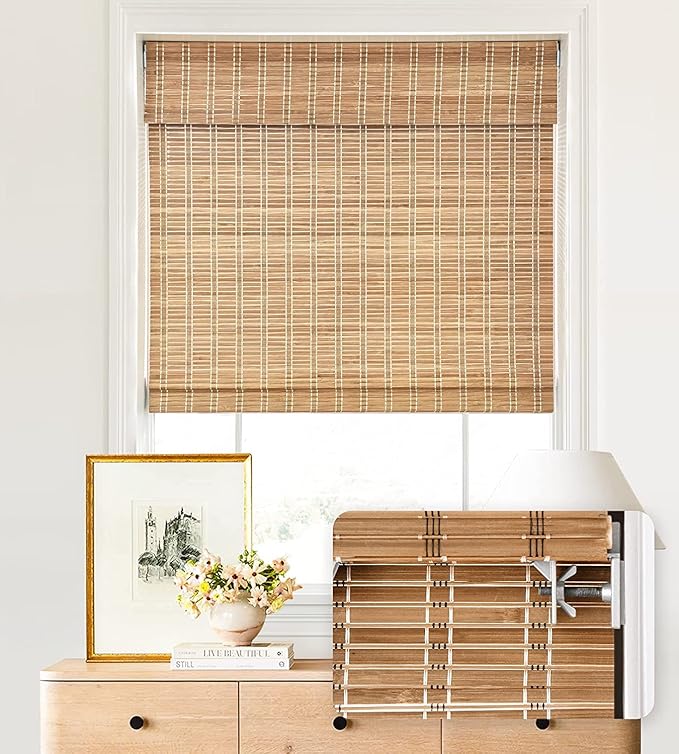LazBlinds No Tools No Drill Cordless Bamboo Roman Shades, Light Filtering Window Treatment, Roll Up Bamboo Blinds for Windows 31.5'' W x 48'' H, Brown