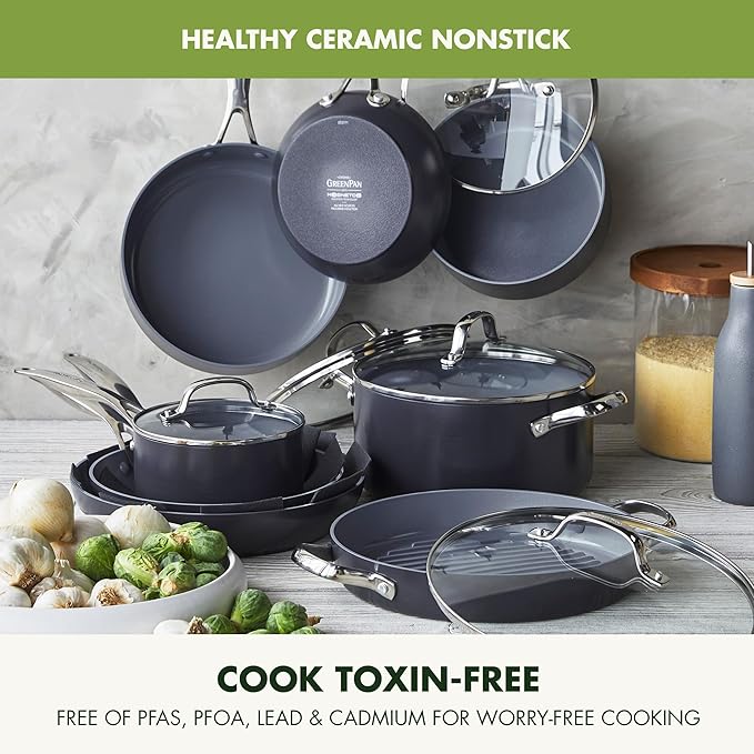 GreenPan Valencia Pro Ceramic Nonstick 13 Piece Cookware Set, Hard Anodized PFAS-Free Pots & Pans, Induction Ready, Compatible on All Cooktops, Dishwasher Safe, Oven Safe to 600F, Gray