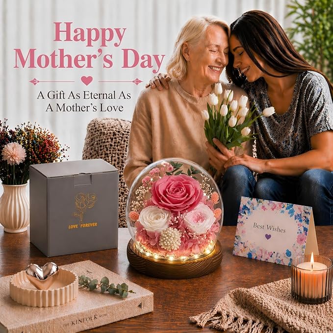 FIACO Gifts for Mom Mother Day Preserved Flowers in Glass Dome Long-Lasting Eternal Rose Birthday Gifts for Women Grandma Wife Sister Girlfriend Pink Flowers for Delivery Prime Anniversary