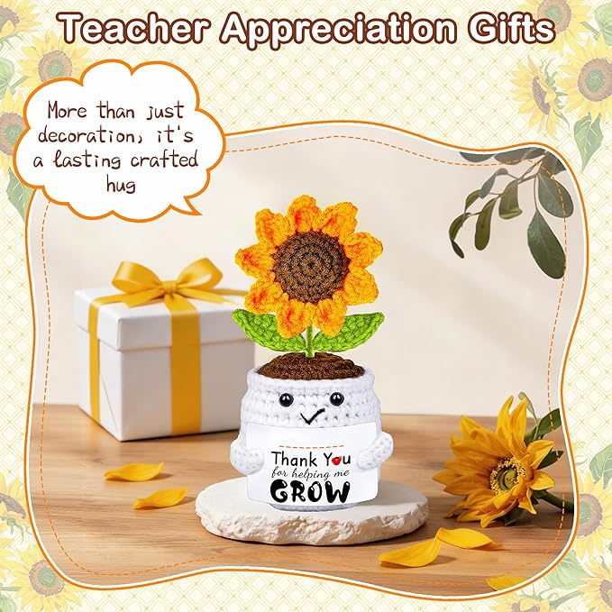 Teacher Appreciation Gifts, Teacher's Day Graduation Thank You Gifts for Teacher Handmade Crochet Sunflower Doll, Personalized Mothers Day Birthday Retirement Gift for Teachers Mentor Coworker Boss