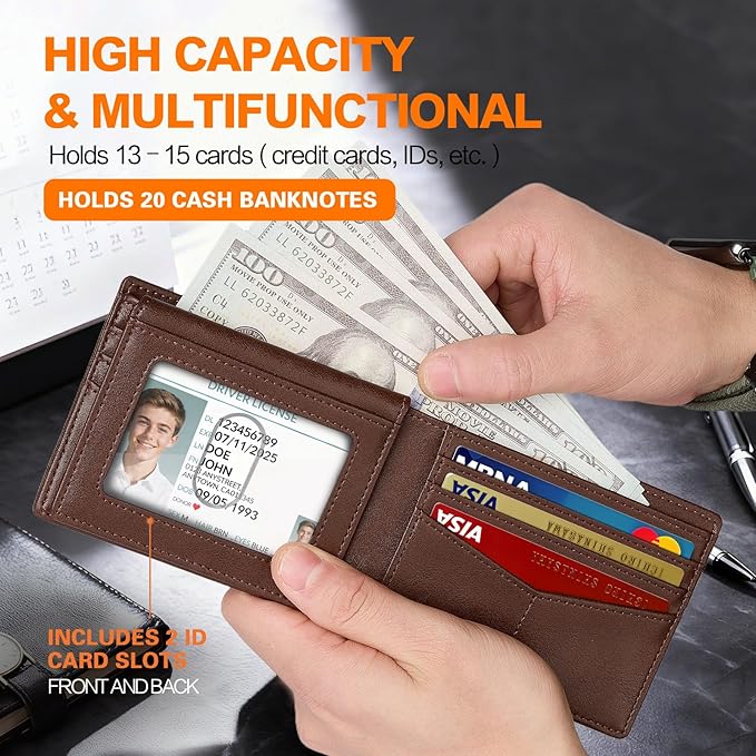 Wallet for Men Slim RFID Blocking Bifold Carbon Fiber,Minimalist Small Compact Front Pocket Credit Card Holder,Thin Mens Leather Wallets Smart Security With 2 ID windows 1 Cash (Oil Wax Brown)