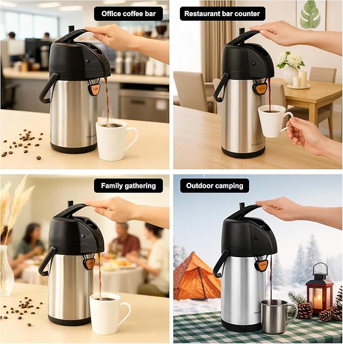 TOMAKEIT Airpot Coffee Dispenser Thermal with Pump,3L/102 Oz Insulated Stainless Steel Large Airpot Coffee Carafe Lever Action for Hot/Cold Water,Thermal Carafe for Hot Cocoa for Parties