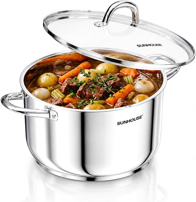 SUNHOUSE 13 Quart Stock Pot with Lid, Stainless Steel Large Pot for Cooking | 13QT Big Pots for Pasta, Soup - Stockpot for Canning, Seafood Boil with Impact Bonded Base - Oven Safe & Induction Compatible