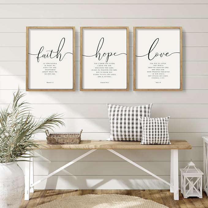 Houmury Set of 3 Framed Farmhouse Bible Verses Wall Decor Sign 11”x14” Christian Faith Scripture Wall Art for Home Living Room Bedroom Wall Decor (11"x14" Brown)