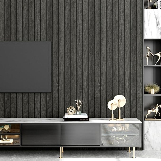 Wallercity 3D Wood Black/Grey Wall Panels Wood Slat Acoustic Panel for Walls & Ceiling Peel and Stick Textured Sound Absorbing Panel for Bedroom Living Room Vinyl Waterproof Fence Paneling 11.7x197 IN