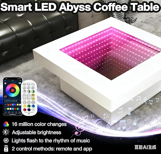 FKWin Modern Coffee Table for Living Room - 31" Endless Depth Mirror Center Table with LED Lights, Unique Square Coffee Table with Tempered Glass-Top, White