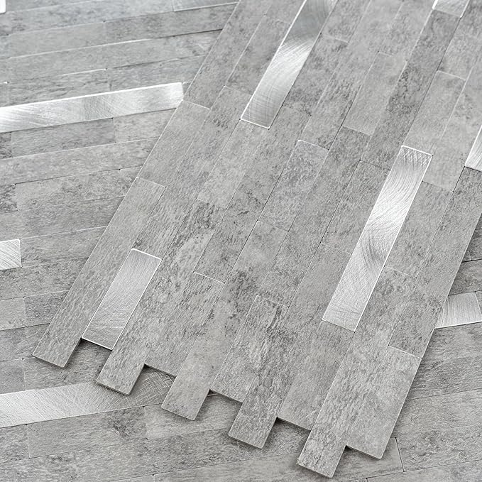 StyloVue 2 Sheets Peel and Stick Backsplash for Kitchen, Slate Gray with Metal Silver Look Stick on Tile Upgrade Your Kitchen Backsplash, RV, Fireplace
